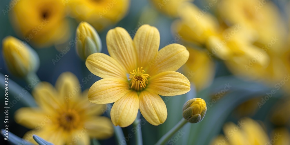 Obraz premium Yellow wildflowers with soft petals and green foliage in a natural setting, focusing on a single bloom and surrounding buds.
