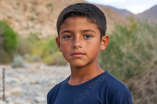 Young boy stands proudly in front of a natural landscape during golden hour near a riverbed photo