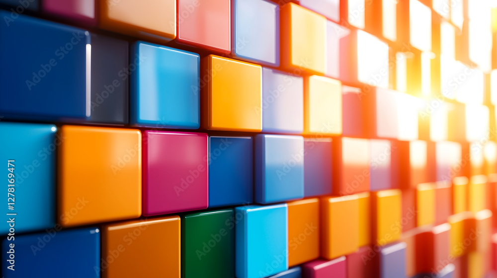 Fototapeta premium Colorful Glossy Cubes Wall in Sunlight