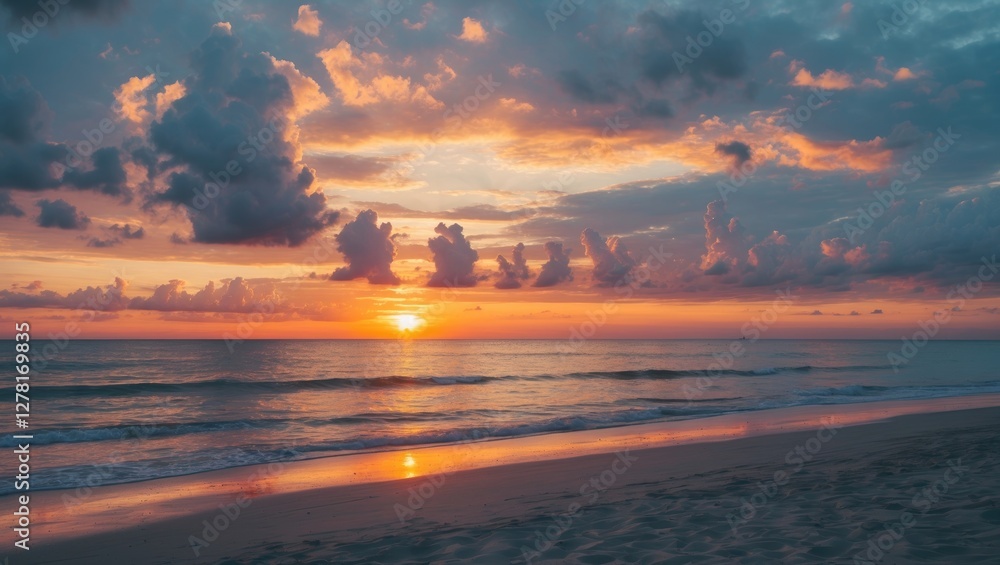Fototapeta premium Beach sunset with colorful clouds and reflections on water during dusk on a calm sea landscape