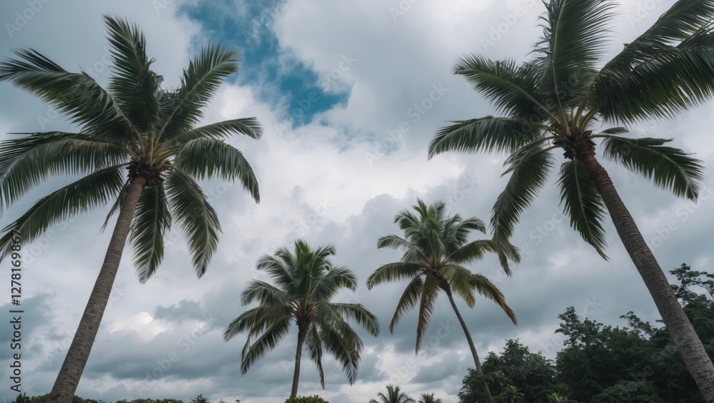 Palm trees under cloudy sky in tropical landscape with vibrant greens and dramatic cloud formations in background. Palm trees under cloudy sky in tropical landscape with vibrant greens and dramatic cloud formations in background.