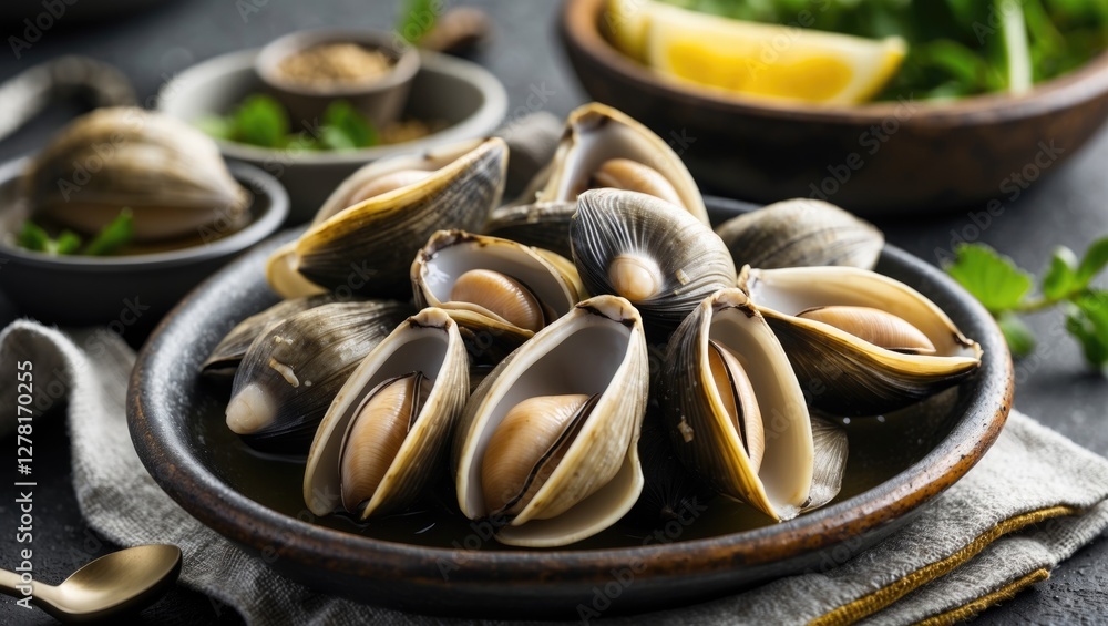 Fototapeta premium Freshly prepared clams in a dark bowl with herbs and lemon on a rustic table setting