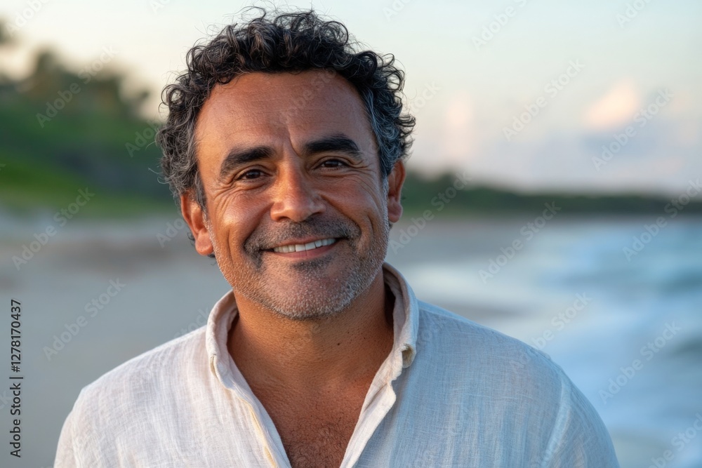 Warm smile of a man standing by the beach during golden hour in a serene coastal setting Warm smile of a man standing by the beach during golden hour in a serene coastal setting