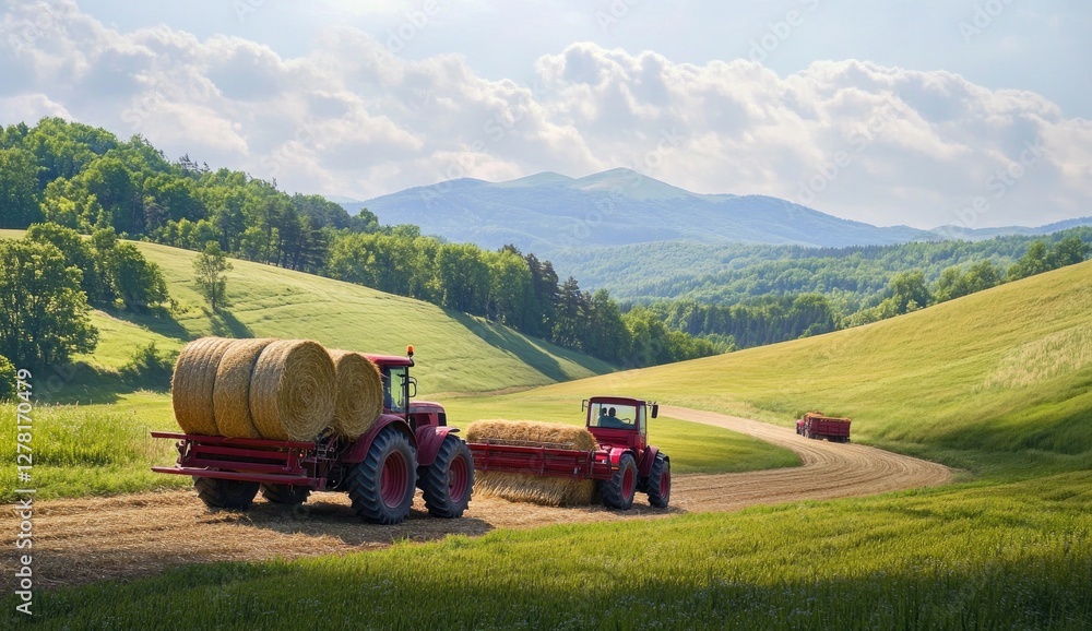 Fototapeta premium Tractor with hay bales barrel