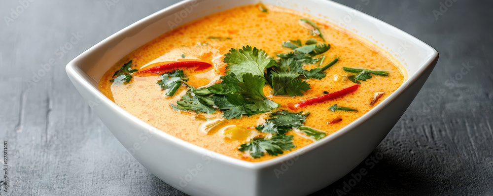 Thai coconut soup in white bowl with herbs and spices Thai coconut soup in white bowl with herbs and spices