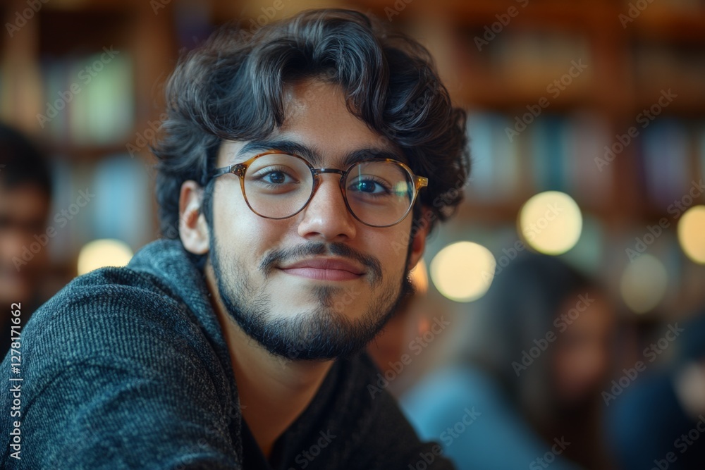 Young man with glasses smiling at a library during a quiet afternoon study session Young man with glasses smiling at a library during a quiet afternoon study session