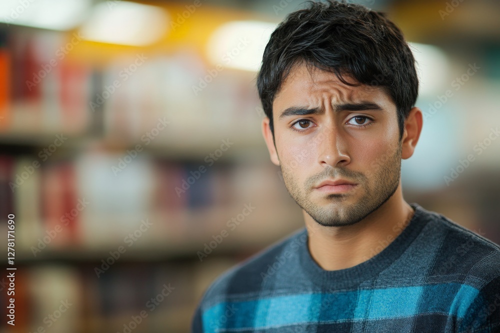 Young man with a concerned expression in a library setting surrounded by books Young man with a concerned expression in a library setting surrounded by books