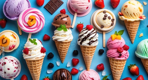 Colorful assortment of ice cream cones and popsicles with fresh fruits and chocolate on a blue background photo