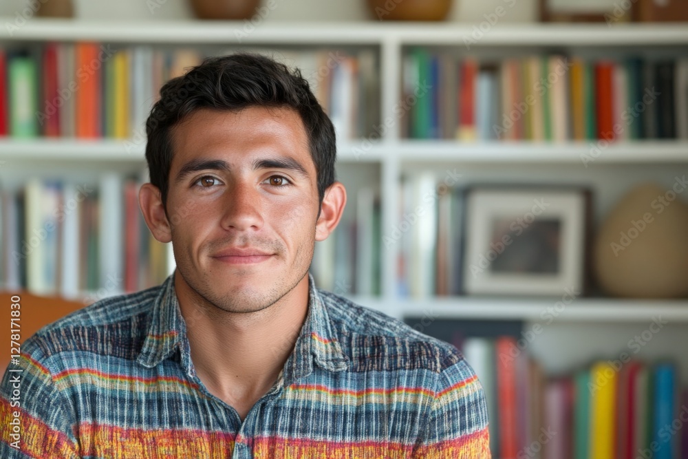 Young man posing confidently in a cozy library with colorful books in the background Young man posing confidently in a cozy library with colorful books in the background