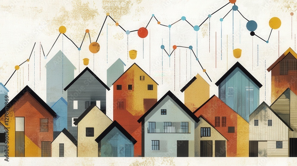 Colorful illustration of diverse houses with abstract data visualization in the background Colorful illustration of diverse houses with abstract data visualization in the background