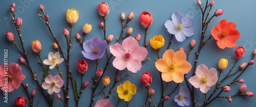 Colorful floral arrangement with various flowers and buds on blue background photo