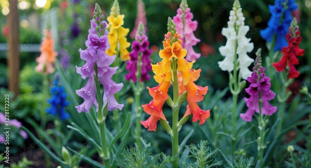 Obraz premium Colorful snapdragon flowers in a vibrant garden setting with various shades including purple, pink, orange, yellow, and white.