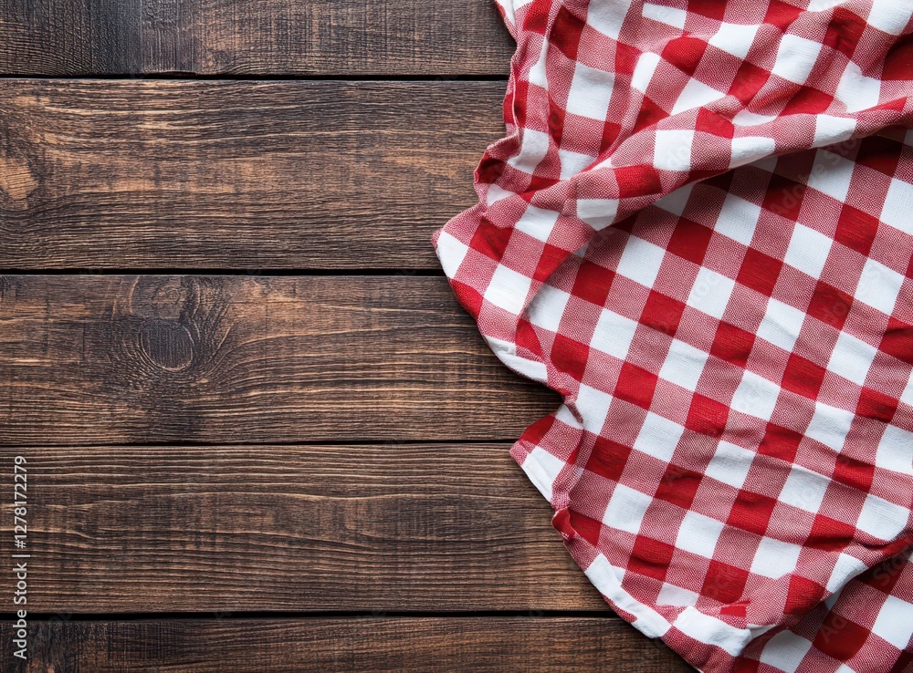 Obraz premium Red checkered tablecloth on rustic wooden background, perfect for cozy dining and inviting atmospheres.