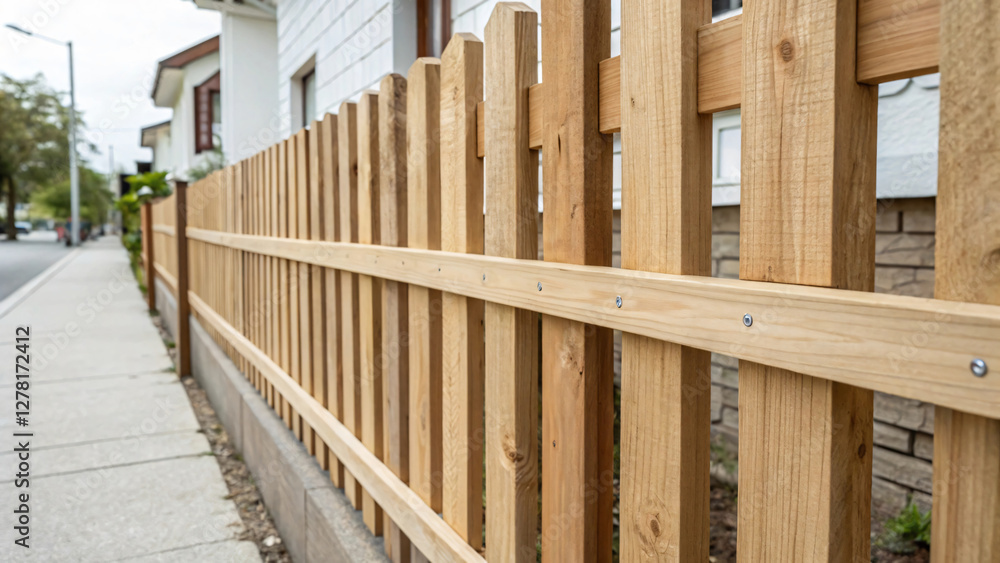 Wooden Fence Along Sidewalk in Residential Area with Modern Architecture Nearby Wooden Fence Along Sidewalk in Residential Area with Modern Architecture Nearby