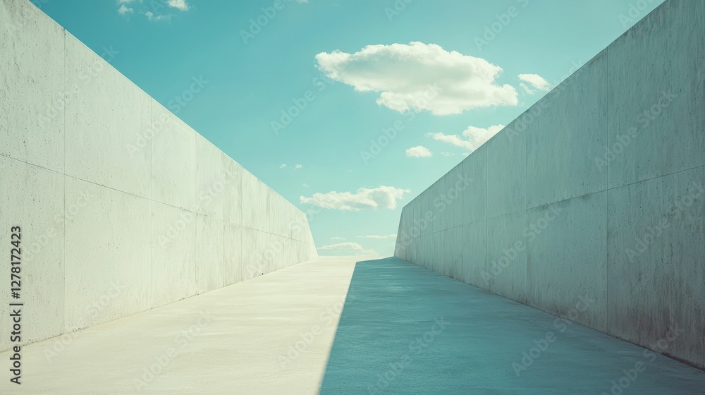 Fototapeta premium Serene Pathway Between Concrete Walls Under Bright Blue Sky