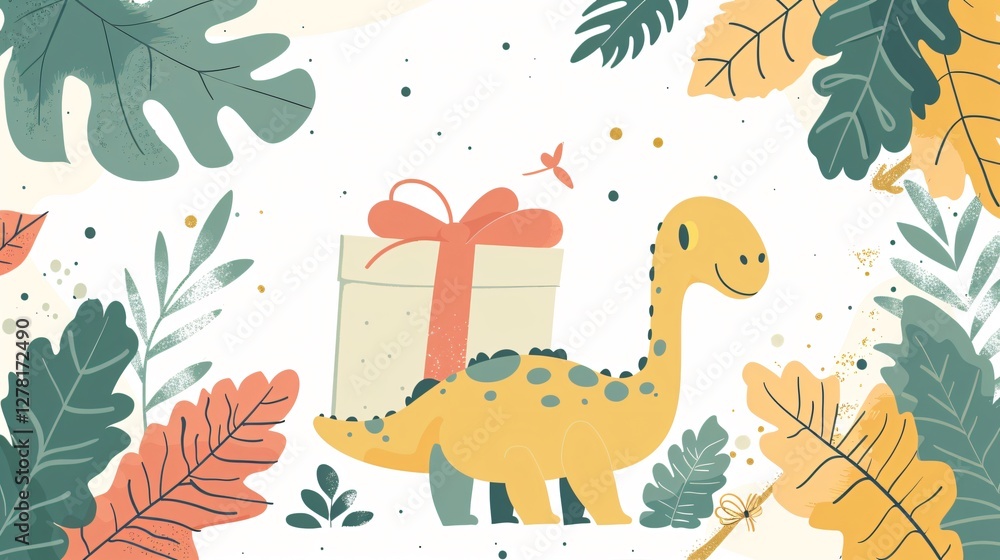 Obraz premium Seamless Cute Dinosaur and Leaves Pattern