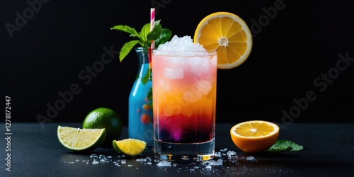 Colorful layered cocktail with ice, garnished with lemon slices and mint, surrounded by citrus fruits on a dark background photo