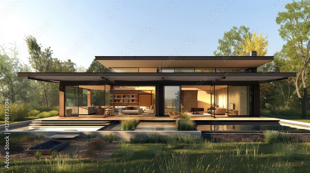 Modern Sustainable House Design Surrounded by Nature with Large Windows and Open Spaces Modern Sustainable House Design Surrounded by Nature with Large Windows and Open Spaces
