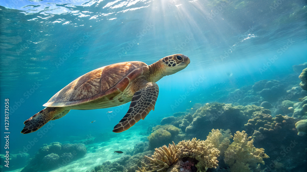 Obraz premium A close-up shot of a sea turtle gliding through the clear waters of the Gulf of America, with coral reefs in the background and sunlight filtering through the water