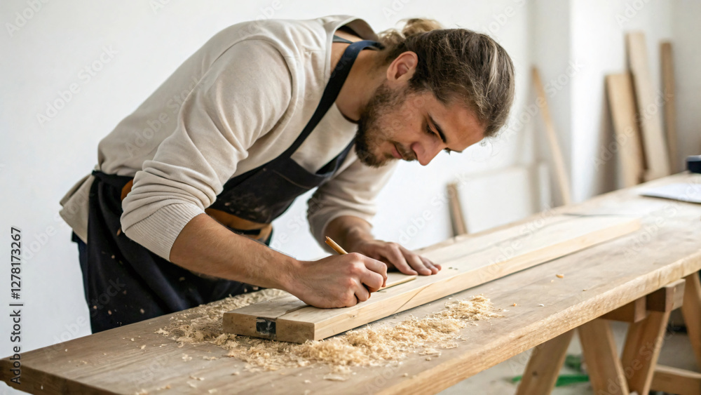 Skilled Craftsman Engaged in Precision Woodworking at Workshop with Shavings on Table Skilled Craftsman Engaged in Precision Woodworking at Workshop with Shavings on Table