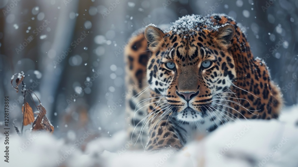 Majestic Leopard in Snowy Landscape Capturing the Essence of Wildlife and Its Natural Environment Majestic Leopard in Snowy Landscape Capturing the Essence of Wildlife and Its Natural Environment