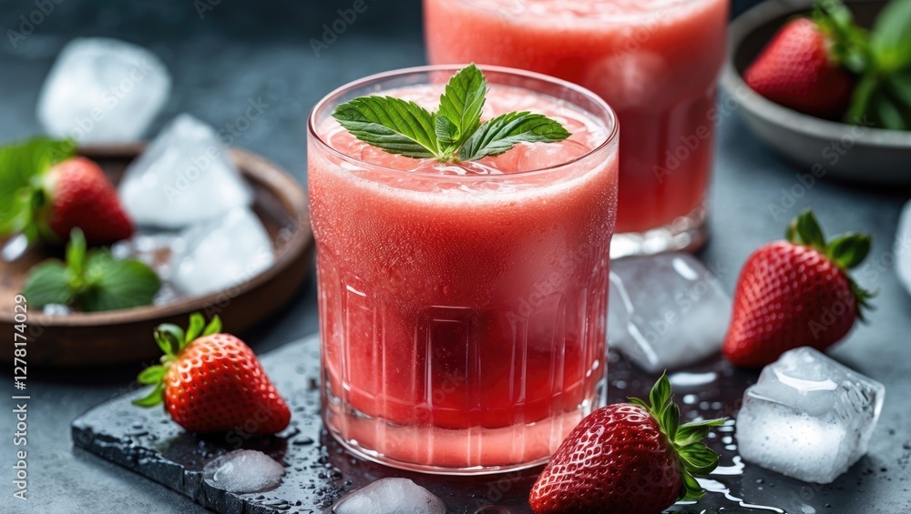 Fresh strawberry beverage in glasses with ice cubes and mint on dark stone background garnished with whole strawberries. Fresh strawberry beverage in glasses with ice cubes and mint on dark stone background garnished with whole strawberries.