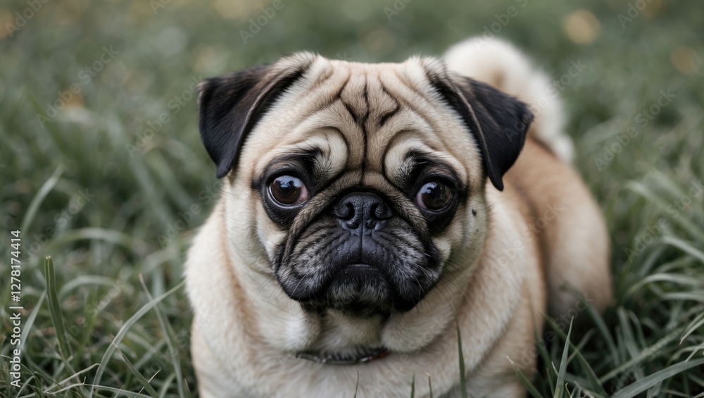 Pug dog with distinctive facial features resting in lush green grass during daylight outdoors Pug dog with distinctive facial features resting in lush green grass during daylight outdoors