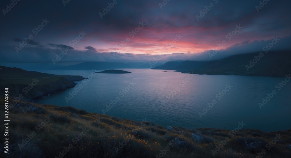 Dramatic twilight over a calm water body framed by hills and islands under a cloudy sky in a serene natural landscape Dramatic twilight over a calm water body framed by hills and islands under a cloudy sky in a serene natural landscape