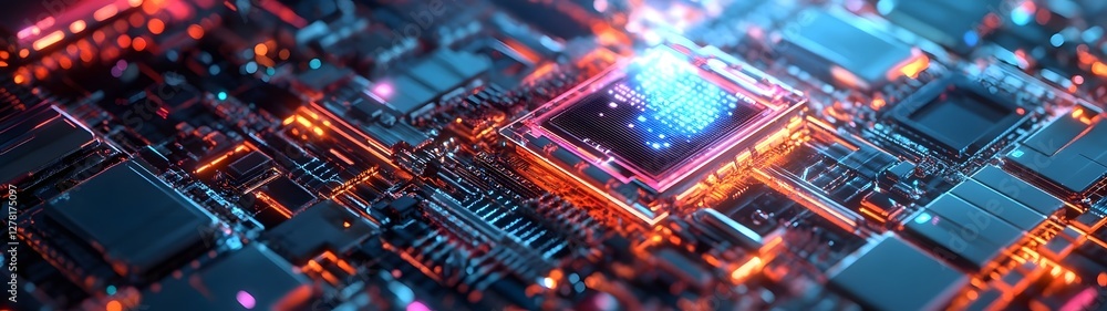 Closeup view of a glowing microchip circuit board with vibrant colors intricate electronic components and futuristic tech patterns Abstract technological background with a dynamic digital energy Closeup view of a glowing microchip circuit board with vibrant colors intricate electronic components and futuristic tech patterns Abstract technological background with a dynamic digital energy