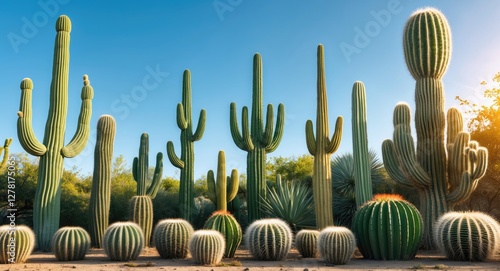 Diverse array of cacti including tall saguaro and round barrel varieties against clear blue sky in desert landscape.