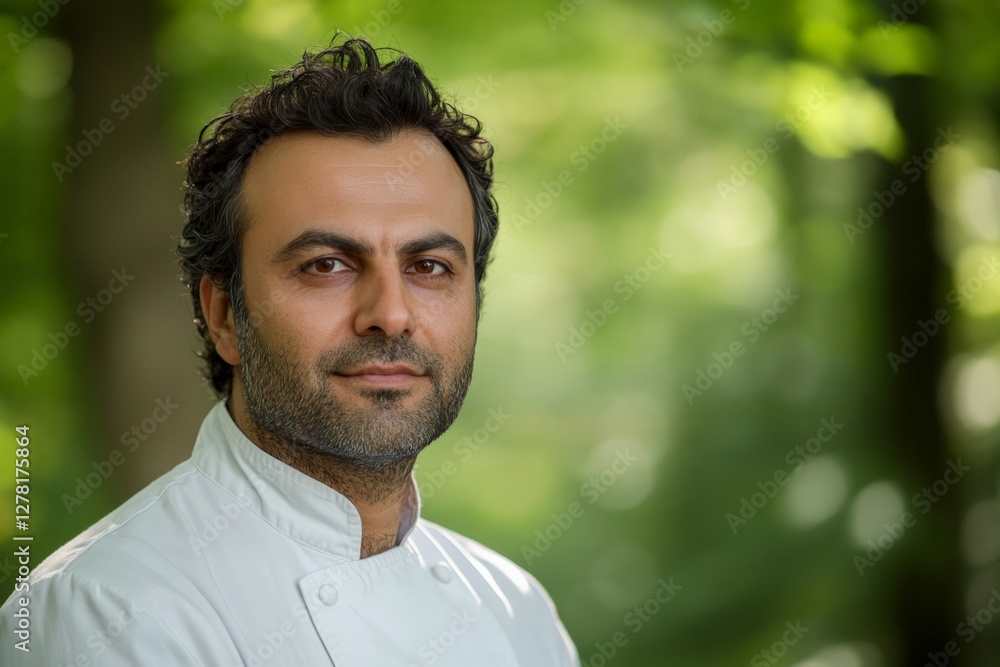 Fototapeta premium Chef with curly hair wearing white coat stands confidently in a lush green forest setting during daylight