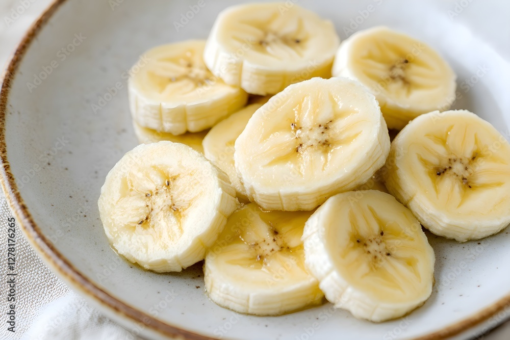 Fresh banana slices on a white plate, representing simple and healthy nutrition Fresh banana slices on a white plate, representing simple and healthy nutrition