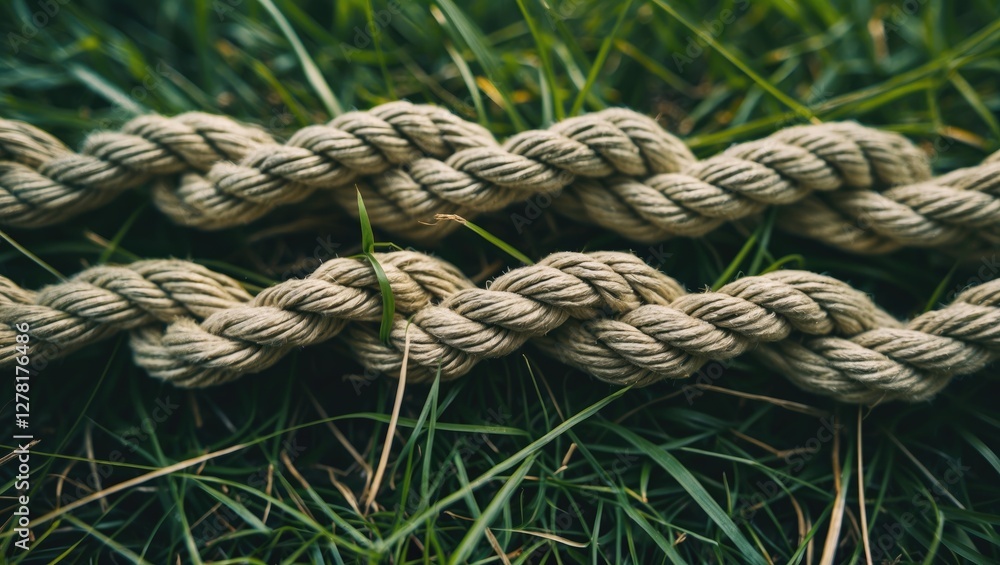 Close-up of twisted natural fiber rope layered on green grass background suitable for outdoor or nature-related themes Close-up of twisted natural fiber rope layered on green grass background suitable for outdoor or nature-related themes