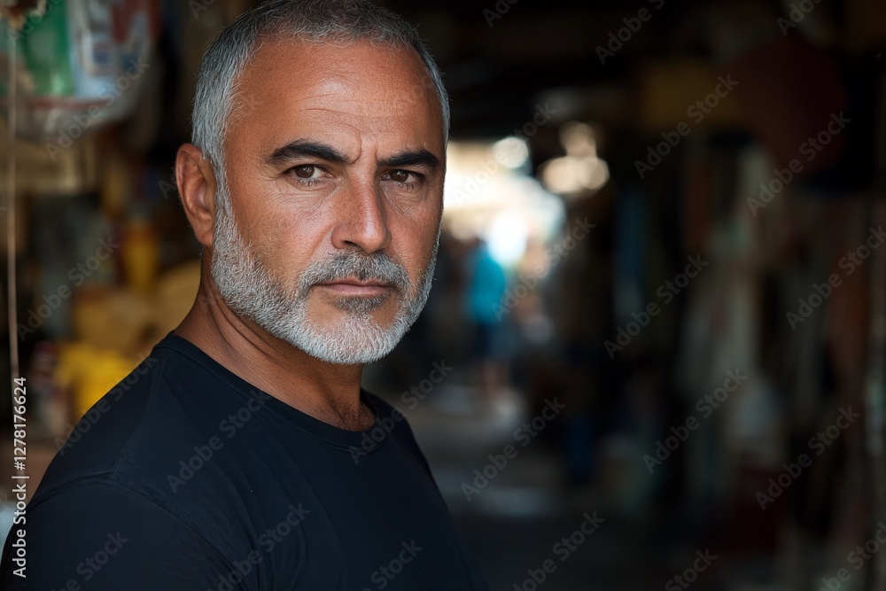 Obraz premium Man with beard poses confidently in a bustling market alley during daylight