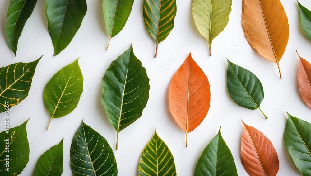 Obraz premium Assorted green and brown leaves arranged on a white background showcasing various shapes and textures for botanical use
