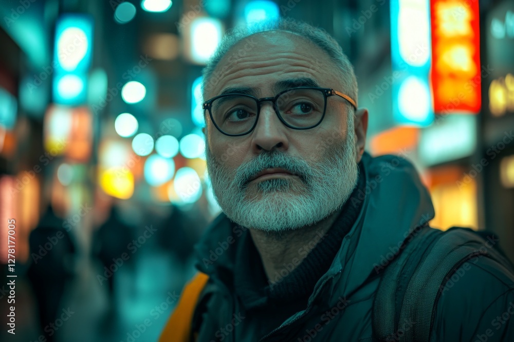 Man exploring a vibrant night market in a city filled with colorful lights and bustling energy Man exploring a vibrant night market in a city filled with colorful lights and bustling energy