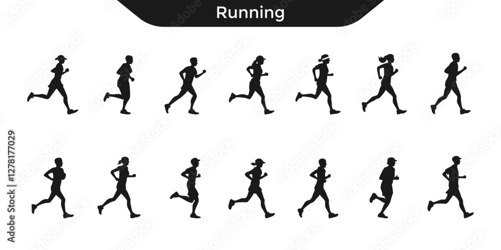 Naklejka premium Silhouettes of various people running in different poses. Ideal for fitness, sports, and health-related themes.