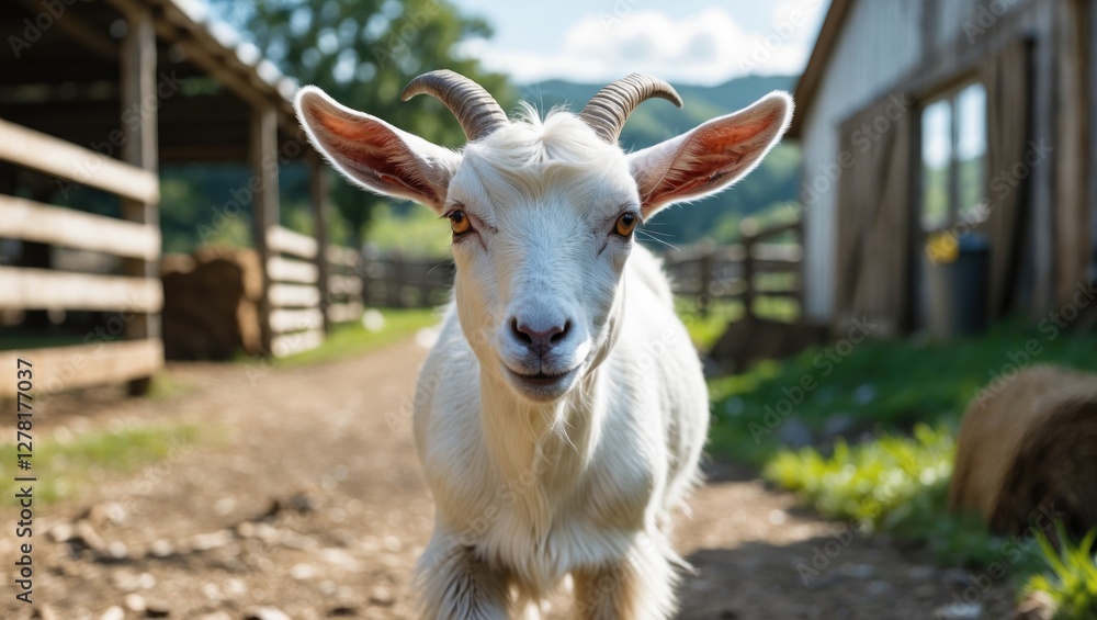 White goat standing on a dirt path in a farm environment with wooden fences and a barn in the background on a sunny day White goat standing on a dirt path in a farm environment with wooden fences and a barn in the background on a sunny day