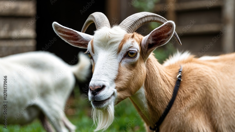 Brown and white goat with horns standing in a grassy area with blurred background of other goats and structures. Brown and white goat with horns standing in a grassy area with blurred background of other goats and structures.