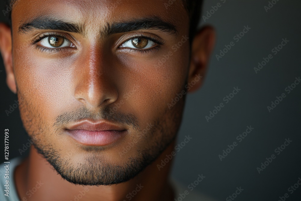 Young man with striking features and intense gaze poses in natural light while showcasing a confident expression Young man with striking features and intense gaze poses in natural light while showcasing a confident expression