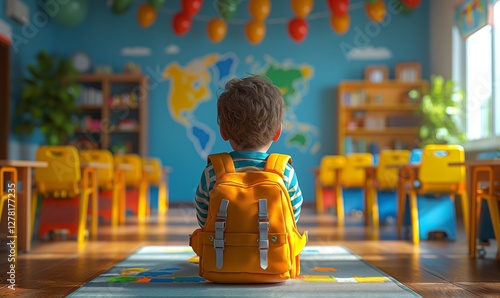 Child in backpack sitting in a classroom setting. Generative AI