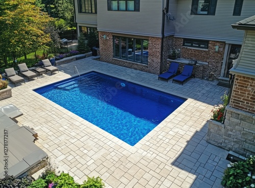Backyard Pool Area with Patio and Lounge Chairs