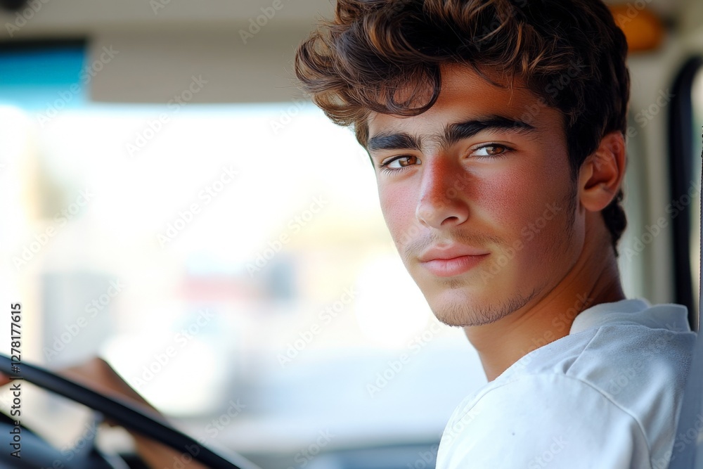 Fototapeta premium Young male driver focused on the road, captured in a bright and open vehicle setting during daylight