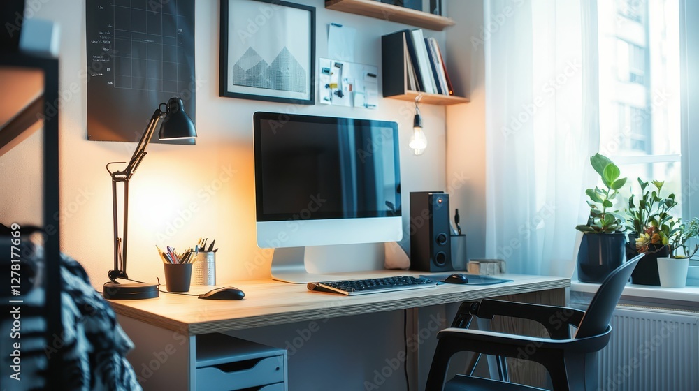 Cozy Modern Home Office with Computer and Stylish Decor Elements Cozy Modern Home Office with Computer and Stylish Decor Elements