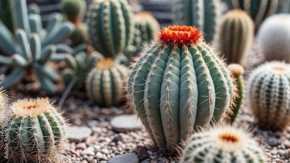 Cactus garden with various species of cacti displaying unique shapes and vibrant colors in a rocky landscape Cactus garden with various species of cacti displaying unique shapes and vibrant colors in a rocky landscape