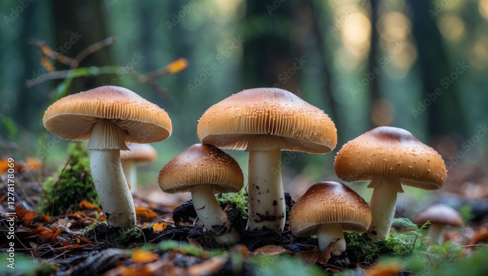 Fototapeta premium Group of wild mushrooms with brown caps growing in a forest setting surrounded by autumn leaves and soft sunlight filtering through trees