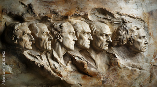 Stone sculpture featuring multiple faces, detailed carvings showcasing historical figures in a rugged rock background. photo