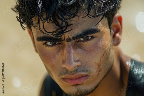 Young man with intense gaze and water droplets on face captured at the beach during daytime
