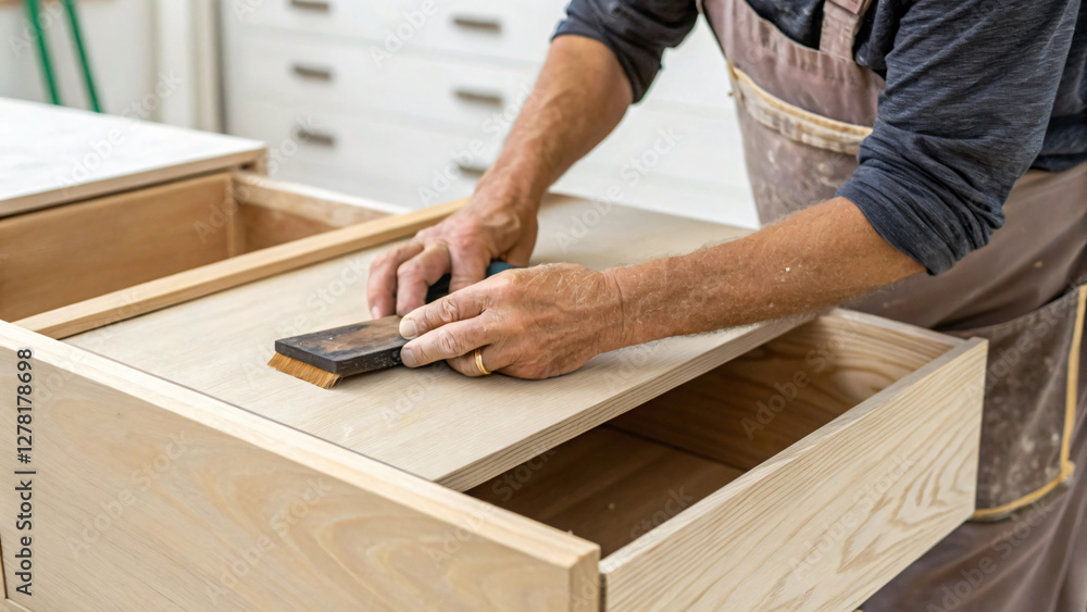 Craftsman Sanding Wood Surface in Workshop with Focus on Drawer Detail Craftsman Sanding Wood Surface in Workshop with Focus on Drawer Detail