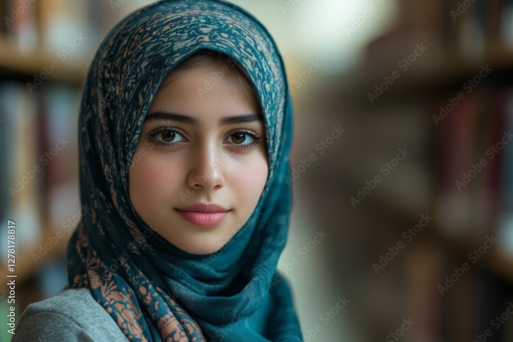 Young woman wearing a scarf poses in a library, surrounded by books, evening light creating a warm atmosphere Young woman wearing a scarf poses in a library, surrounded by books, evening light creating a warm atmosphere